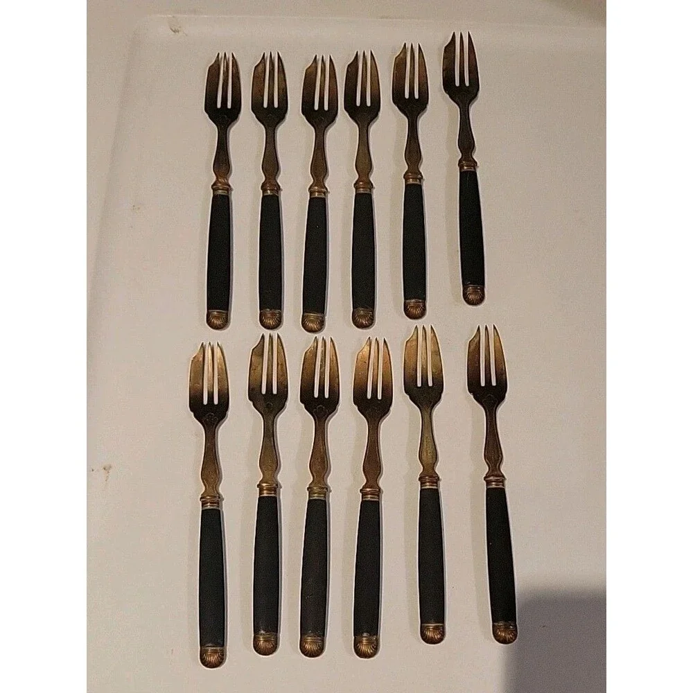 RARE Set Of 12 Antique Pie Forks Leduc Paris France Goldtone Black Victorian Lot